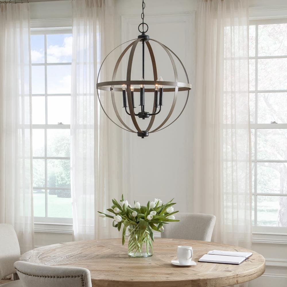 Calhoun 24" Steel Cage Globe Chandelier in Cerused Oak