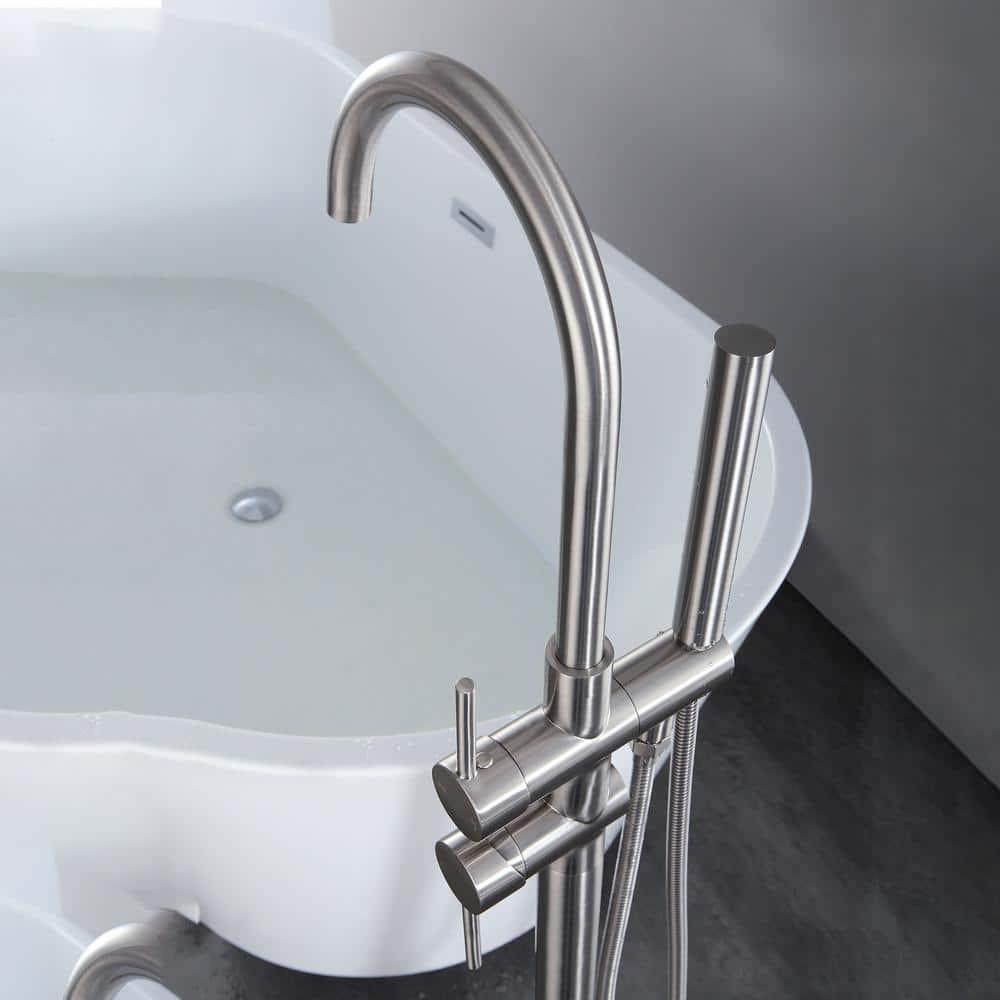 Double Handle Floor Mounted Freestanding Tub Filler With Handshower