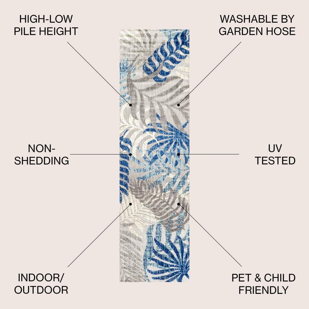 JONATHAN Y Tropics Palm Leaves Indoor/Outdoor Gray/Blue 2 ft. x 8 ft. Runner Rug