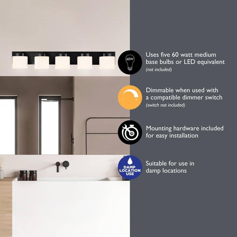Design House Dove Creek 5-Light Dimmable Vanity Light with Frosted Glass Shades, Matte Black