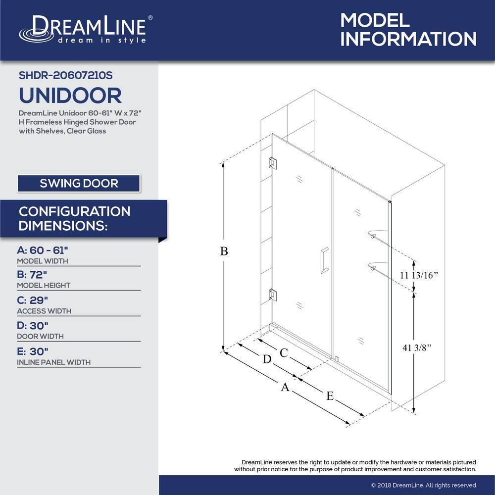 Unidoor 60" W x 72" H Frameless Shower Door with Clearmax™ Technology