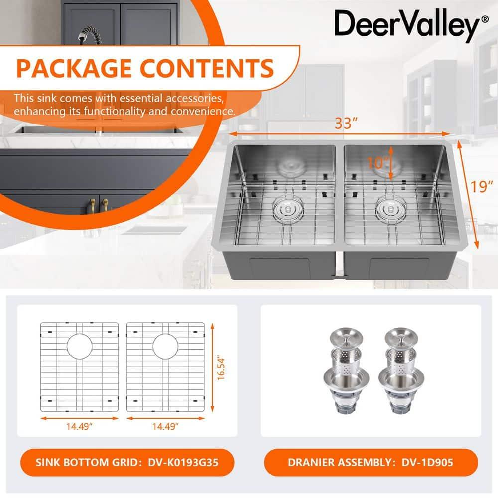 DeerValley 33'' L Undermount 50/50 Double Bowl Stainless Steel Kitchen Sink with Basket Strainers and Stainless Steel Grids