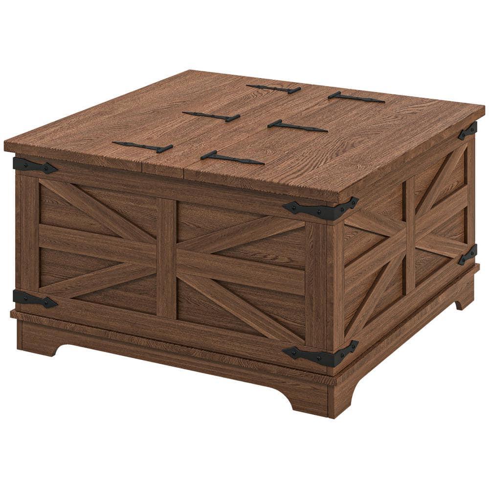HOMCOM Farmhouse Coffee Table with Flip Top, Hidden Storage Compartment, Square Center Table for Living Room, Distressed Brown