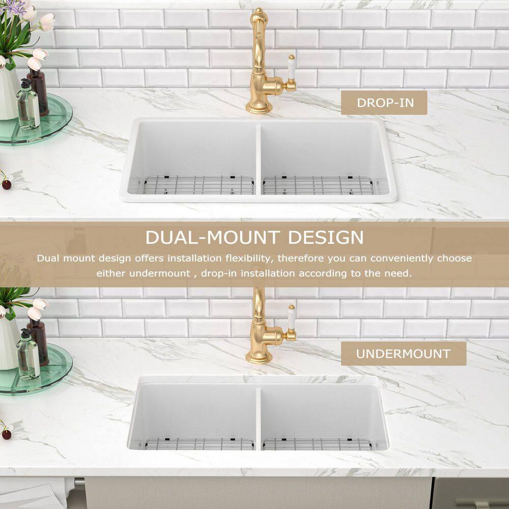 Sarlai 32'' L x 19" W White Ceramic 50/50 Double Basin Drop-In/Undermount Kitchen Sink with Sink Grids S-CSU3219-55
