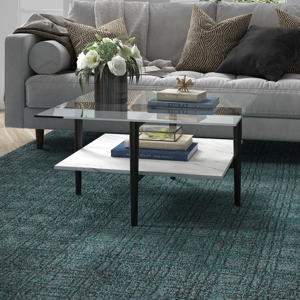 Evelyn&Zoe Otto 32" Wide Square Coffee Table with Faux Marble Shelf, Blackened Bronze