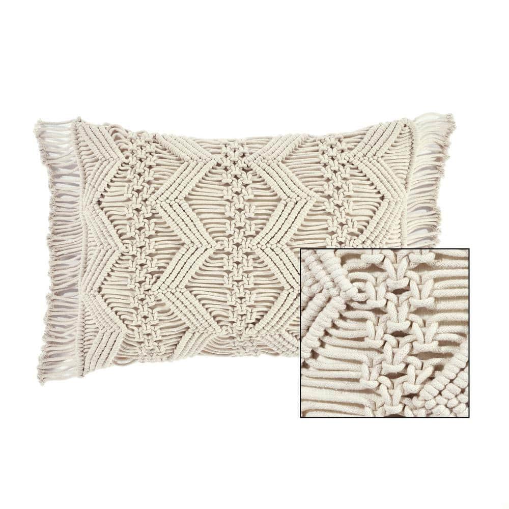 13"x20" Oversize Studio Chevron Macrame Lumbar Throw Pillow Cover with Fringes Neutral - Lush Décor: Cotton Weave, Zipper Closure