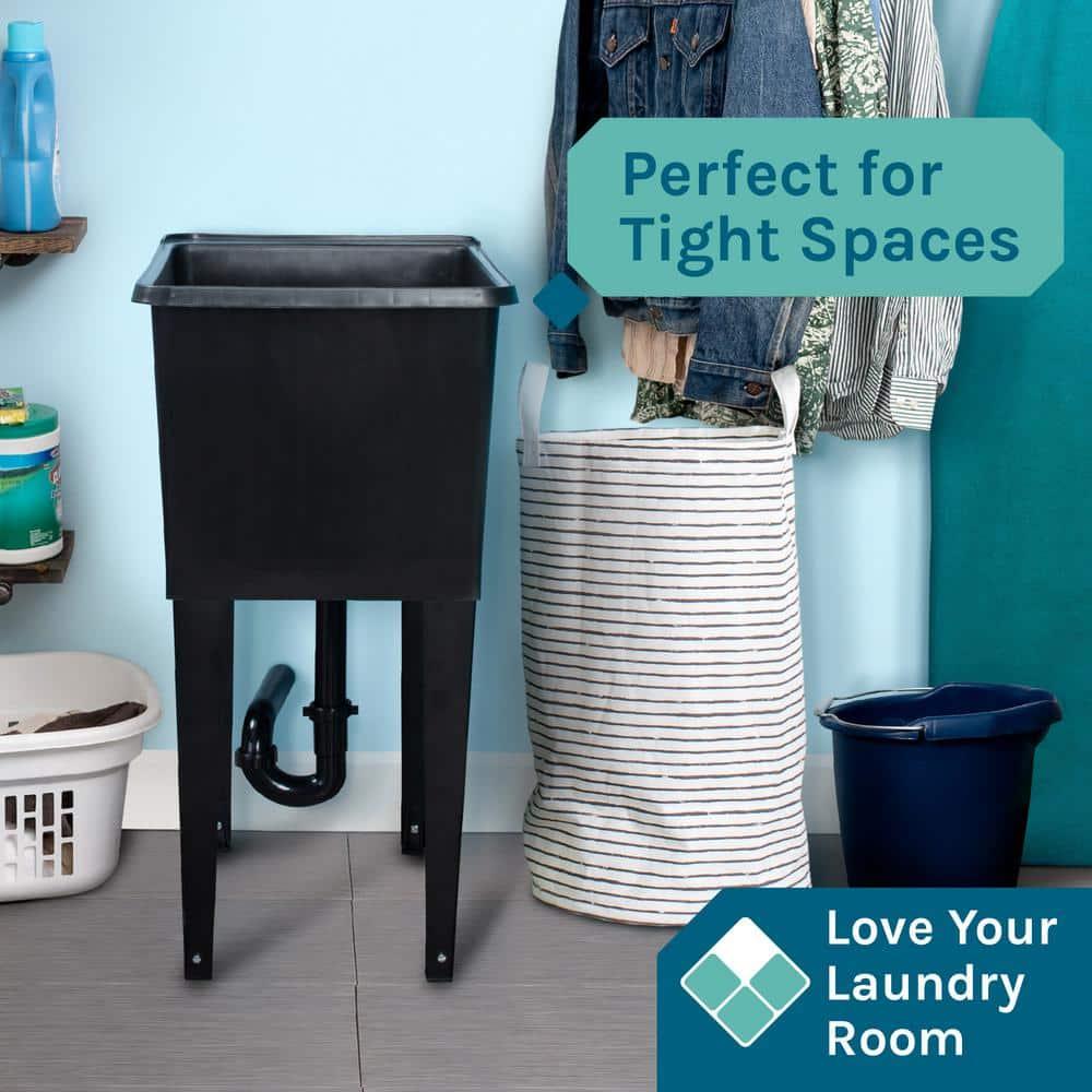 TEHILA Space Saver 16 Gallon Black Utility Sink with Black Steel Legs