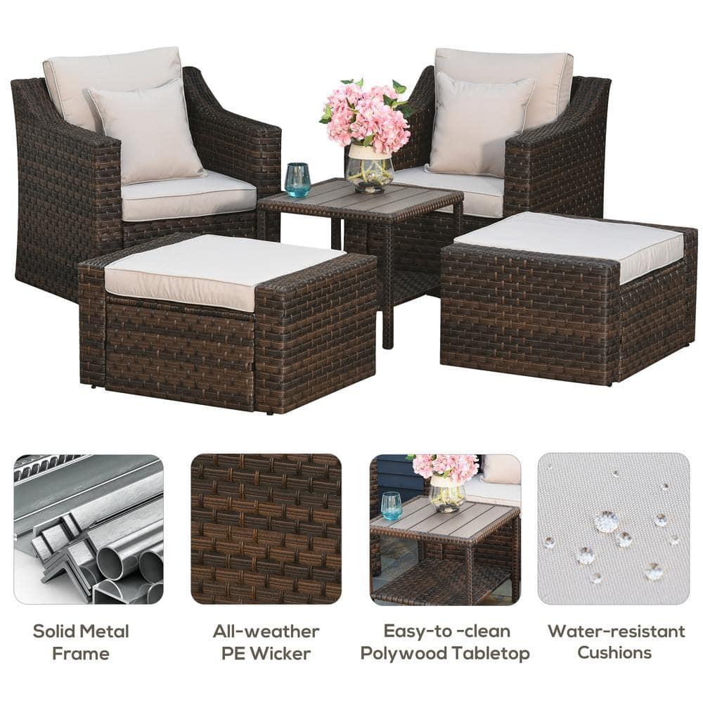 Outsunny 5 Piece Patio Furniture Set, All Weather PE Rattan Conversation Chair & Ottoman Set w/ Table, Cushions & Pillows Included, Beige