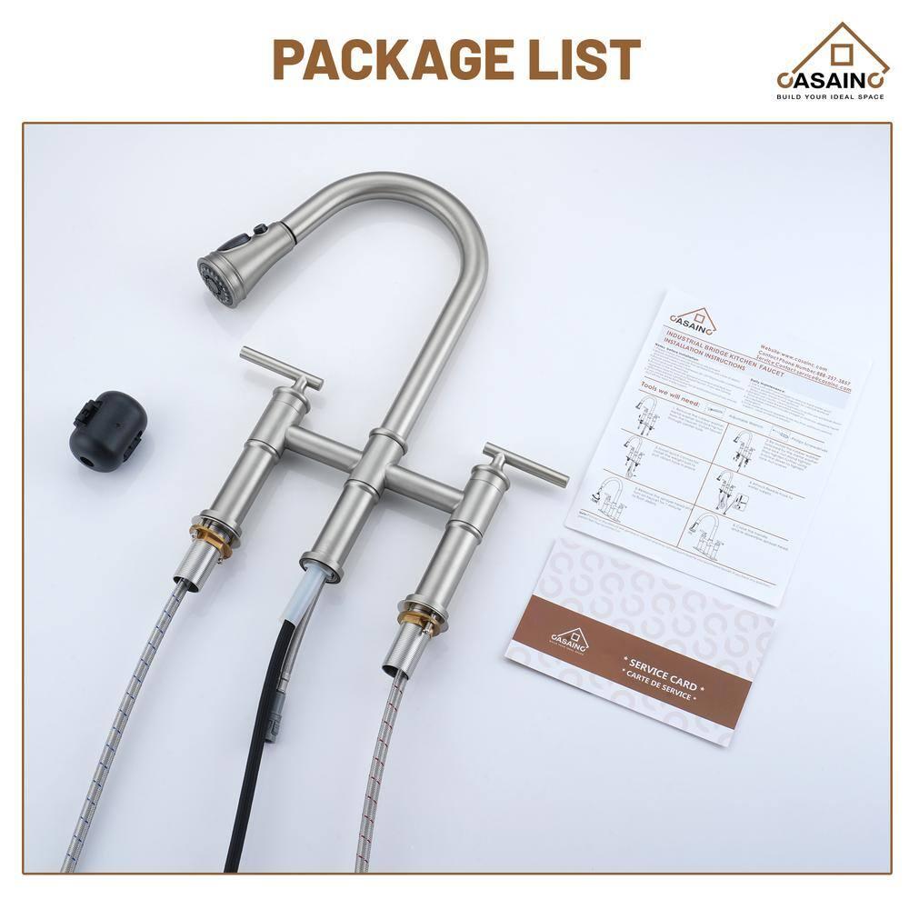 CASAINC Sleek 2-Handle Bridge Kitchen Faucet with Three Function Pull-Down Sprayhead 1.8 GPM KCLT0001-BN