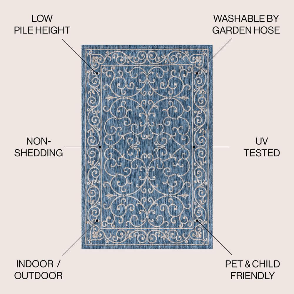 9' X 12' Charleston Vintage Filigree Textured Weave Indoor/Outdoor Area Rug, Navy/Gray - JONATHAN Y