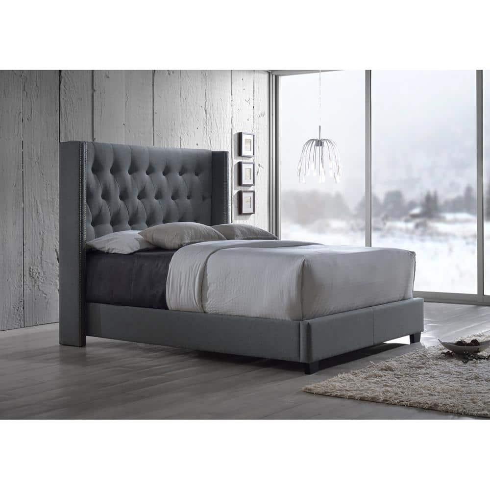 Baxton Studio Katherine Wingback Fabric Standard Bed with Nailhead Trim, Gray