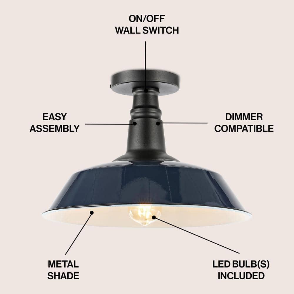 JONATHAN Y JYL7617C Camila 14" 1-Light Classic Industrial Indoor/Outdoor Iron LED Semi Flush Mount Mid-Century, Rustic 2700K Cozy Warm Light Kitchen Hallway Bathroom Stairwell, Navy/White