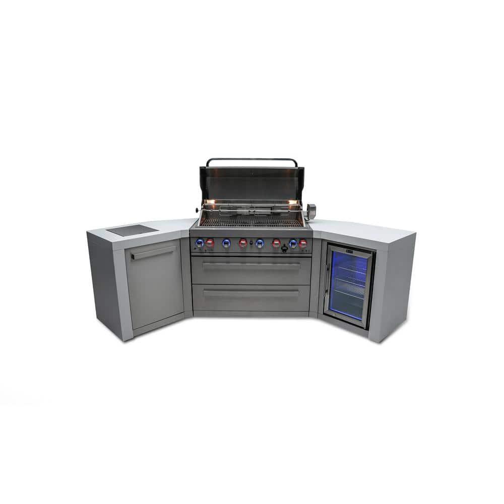 Mont Alpi 805 6-Burner 115000 BTU MAi805-D45FC U-shaped Stainless Steel Deluxe Modular Outdoor Kitchen BBQ Island Grill + Fridge Cabinet - 2 Infrared Burners, White Granite Countertops, Rotisserie Kit