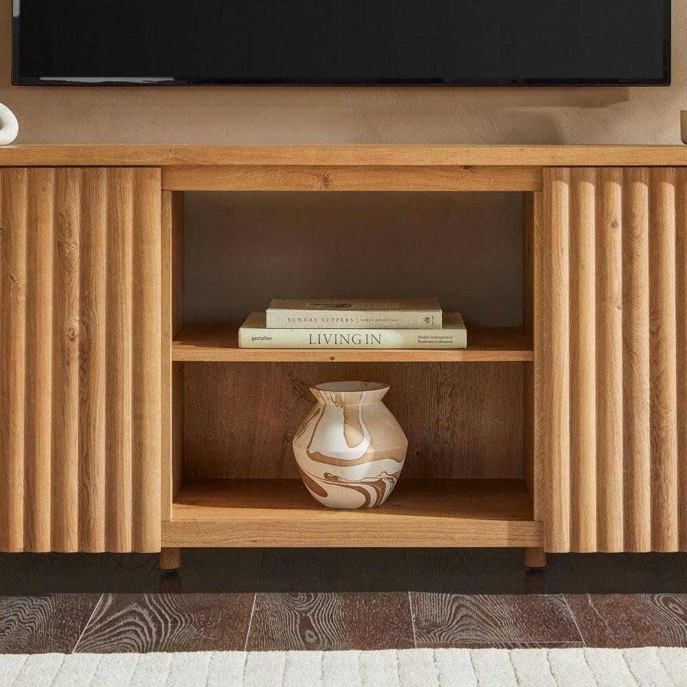 Scandinavian Reeded TV Stand with Open Storage for up to 80" TV  English Oak