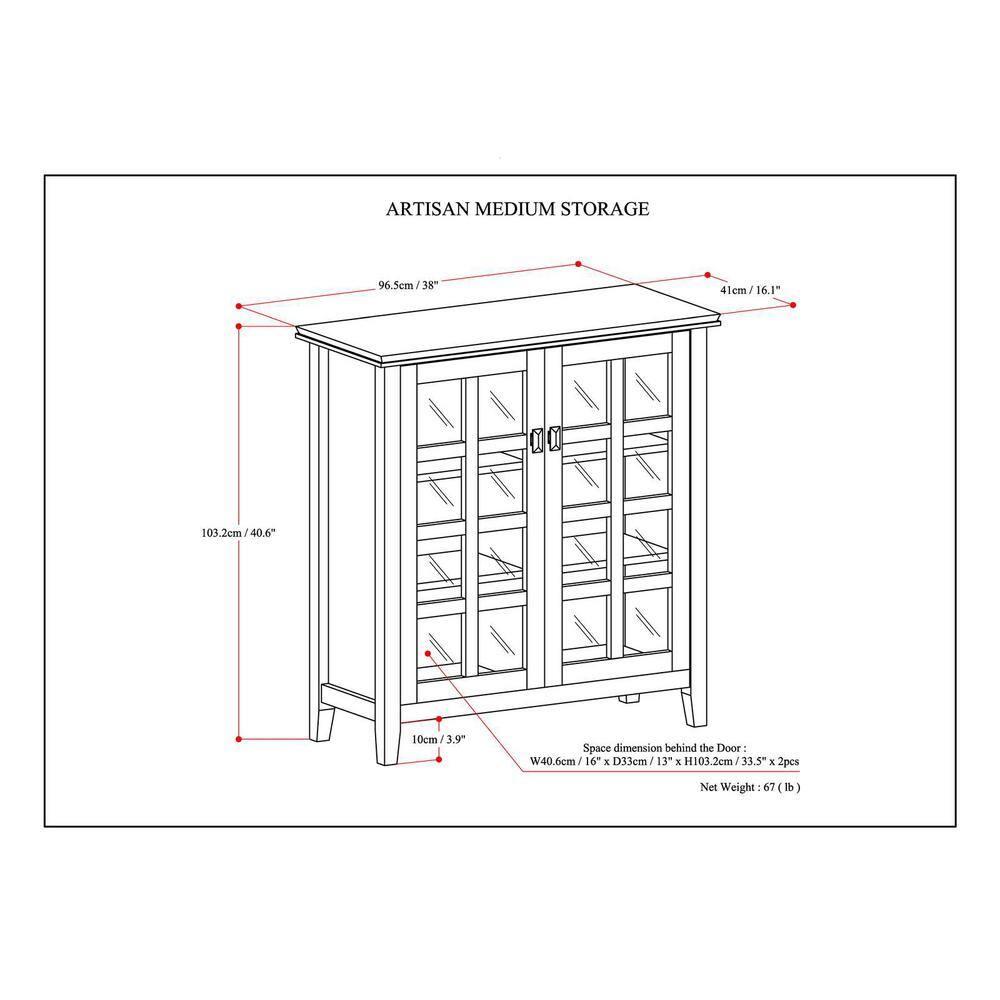 Simpli Home Artisan 38"W Solid Wood 4-Shelf Medium Storage Cabinet with Glass Doors and Adjustable Shelves