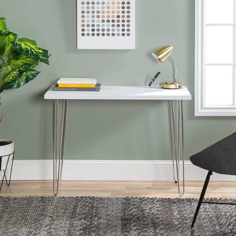 Walker Edison MDF Wood Writing Desk with Chrome Metal Legs in White