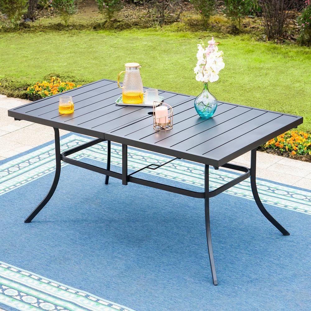 Summit Living 7-Piece Outdoor Patio Dining Set with 6 Swivel Cushioned Chairs & 1 Metal Steel Table, Black & Beige