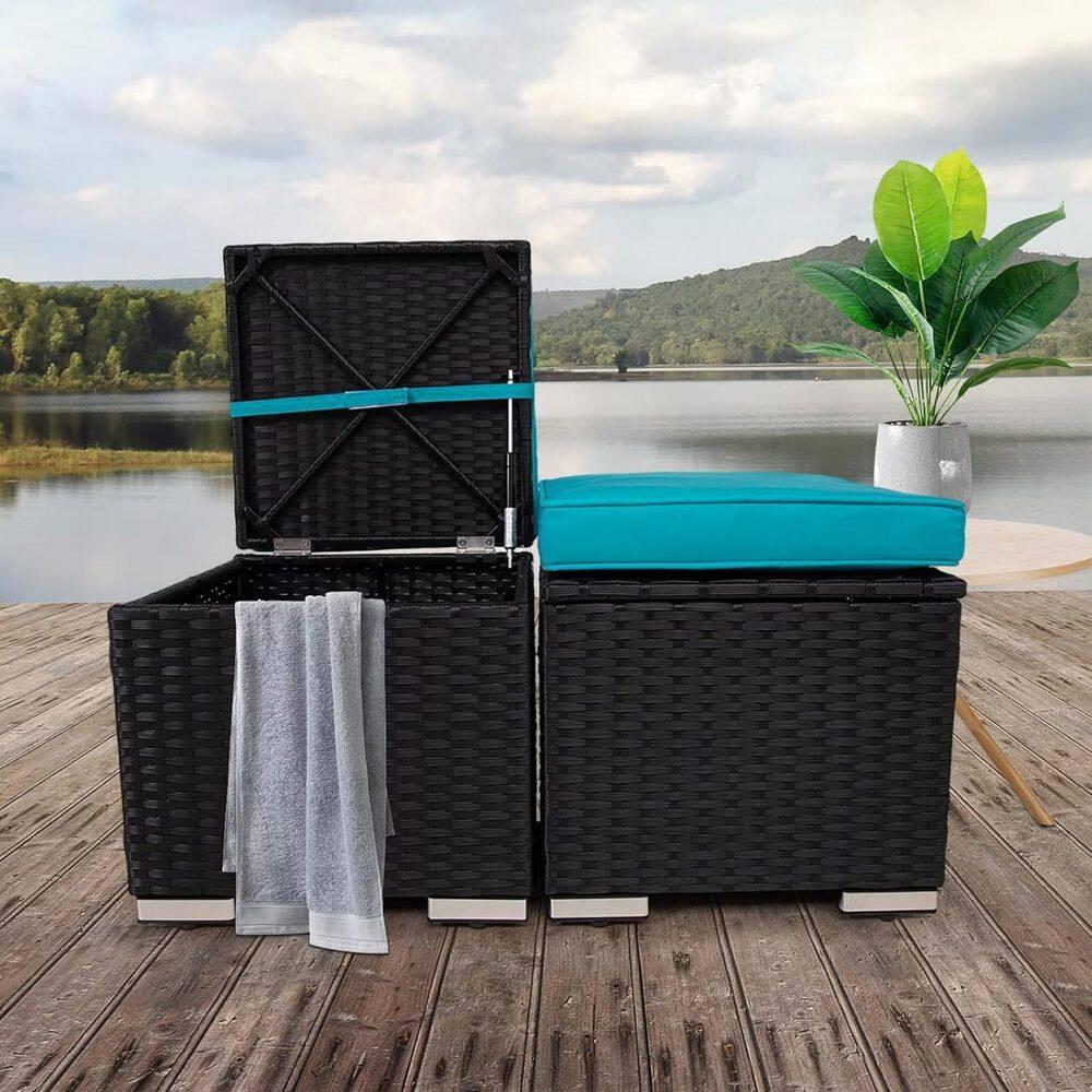 Costway 2PCS Patio Rattan Ottoman Cushioned Seat w/ Foot Rest Turquoise