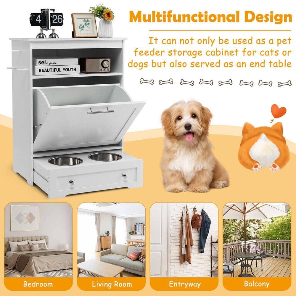 Kepooman Pet Feeder Station with Stainless Steel Bowl-White