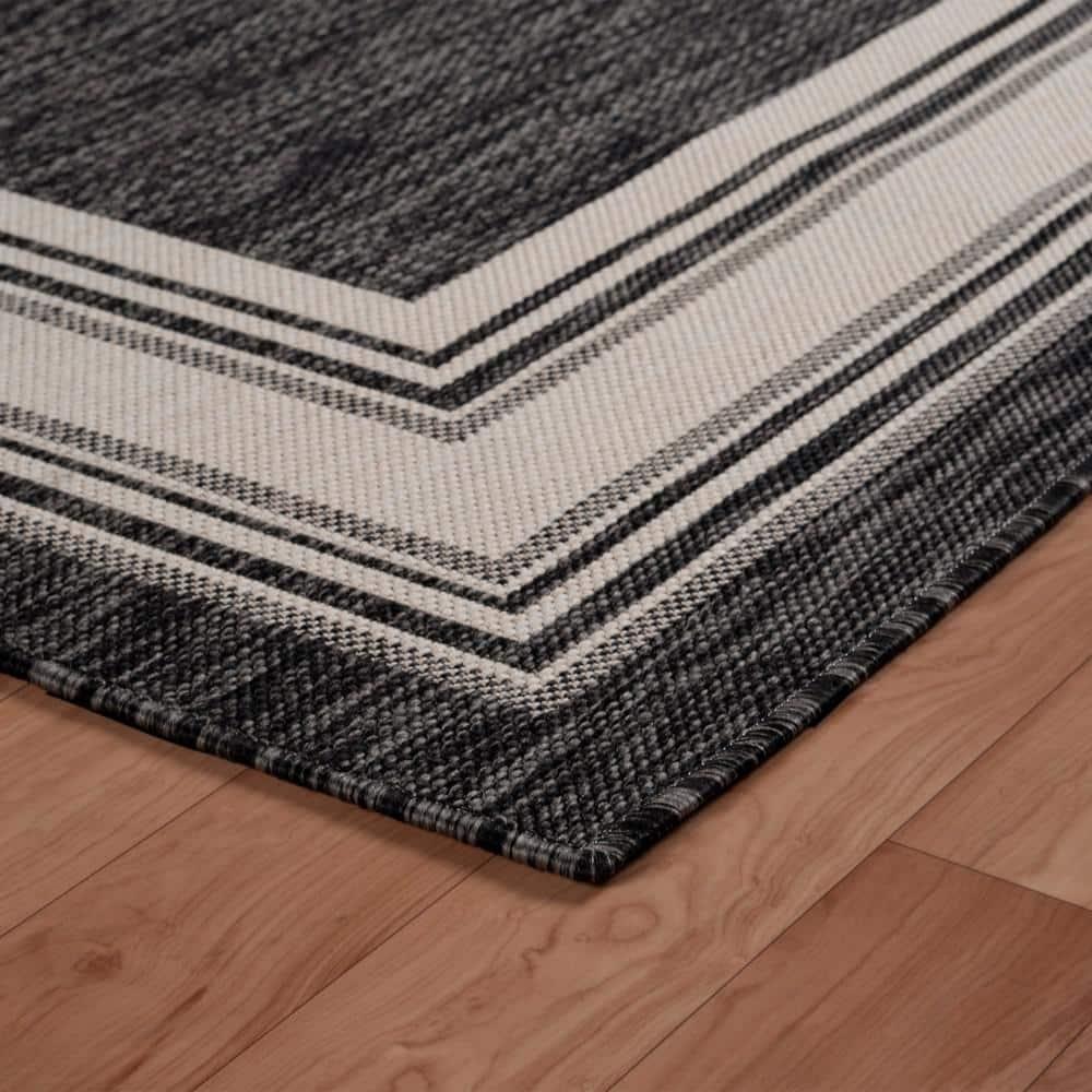 LR Home Kiara 7'6" x 9'5" Black/Gray/White Bordered Fade & Stain Resistant Indoor/Outdoor Area Rug