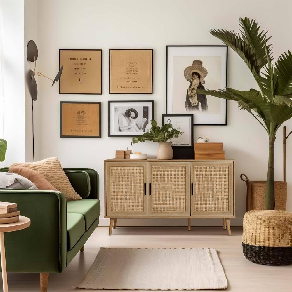 LuxenHome Rattan Buffet Cabinet with Storage, 47" Light Oak Finish Wood Accent Sideboard Cabinet with 3-Door, Boho Coffee Bar Console Table