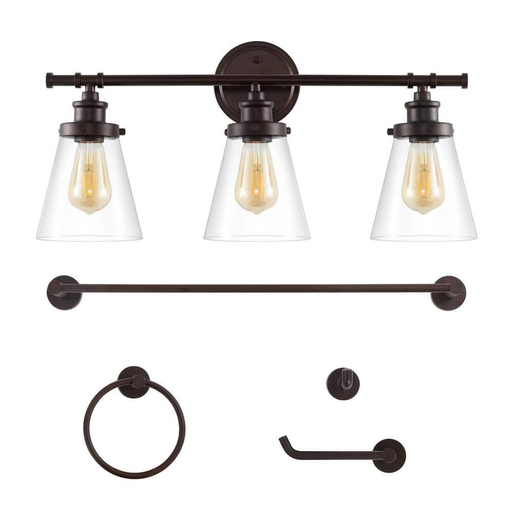 Hollis 23.75" 3-Light Traditional Farmhouse Vanity Light with Bathroom Hardware Accessory Set, Oil Rubbed Bronze (5-Piece)