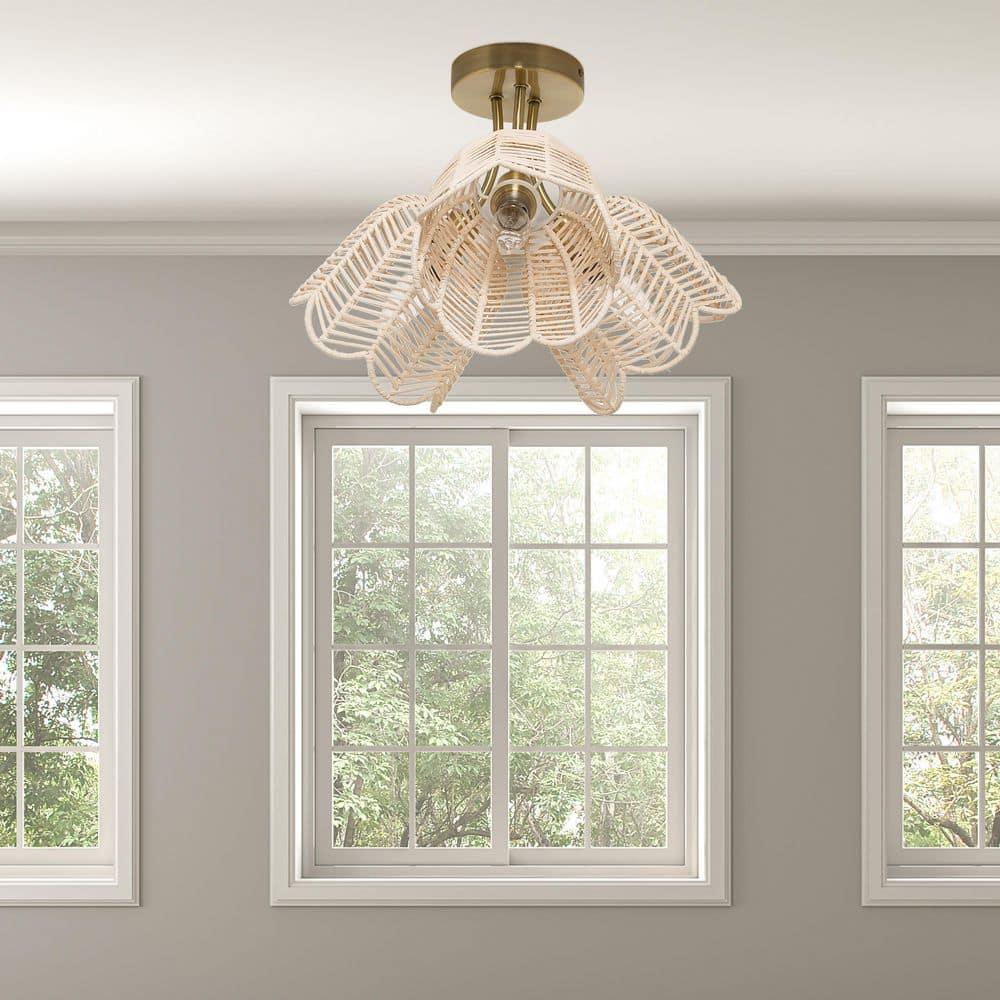 11.5" Meg Brushed Gold Metal Ceiling Light with Rattan Shade - River of Goods: Semi-Flush, 3-Light Fixture