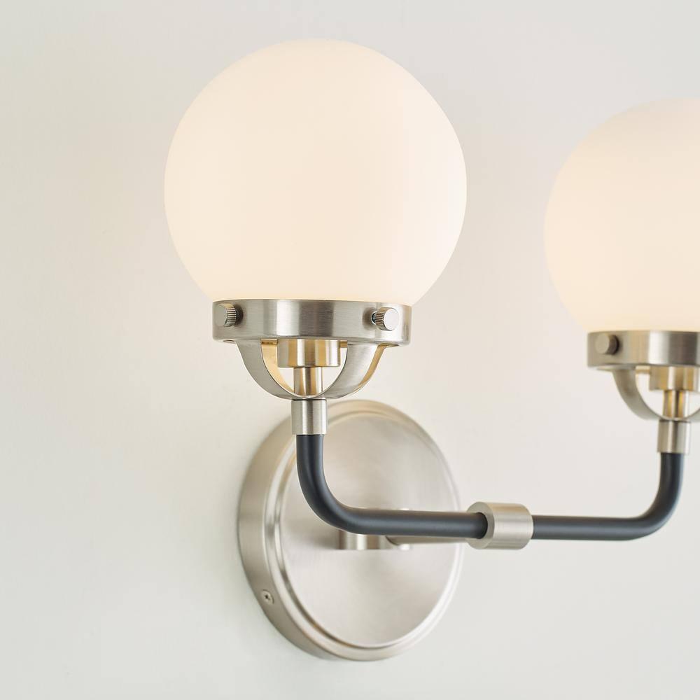 Cafe 14 in. W 2-Light Brushed Nickel Vanity Light with Etched/White Glass Shades and Matte Black Frame Accents