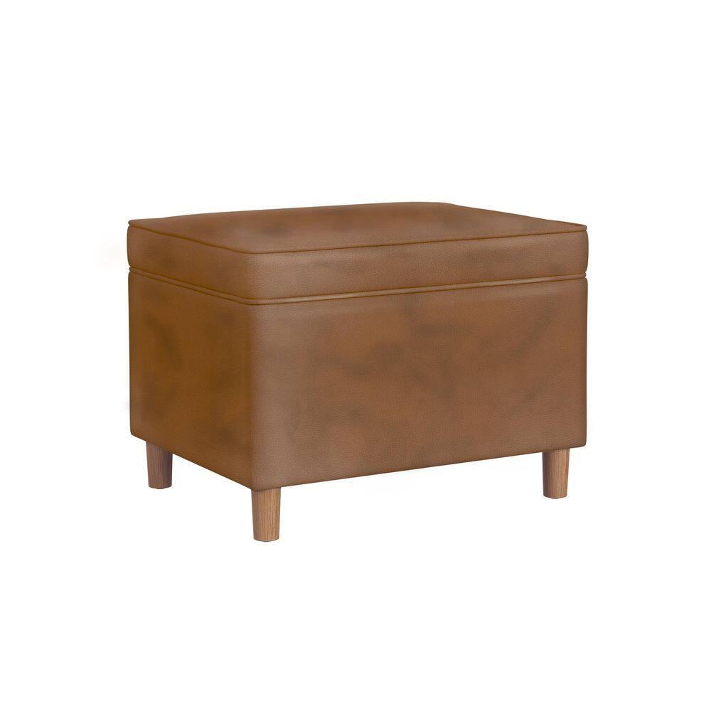 24" Dinah Storage Ottoman Brown Faux Leather - HomePop: Honey Oak Legs, Soft-Close Hinge, Footstool