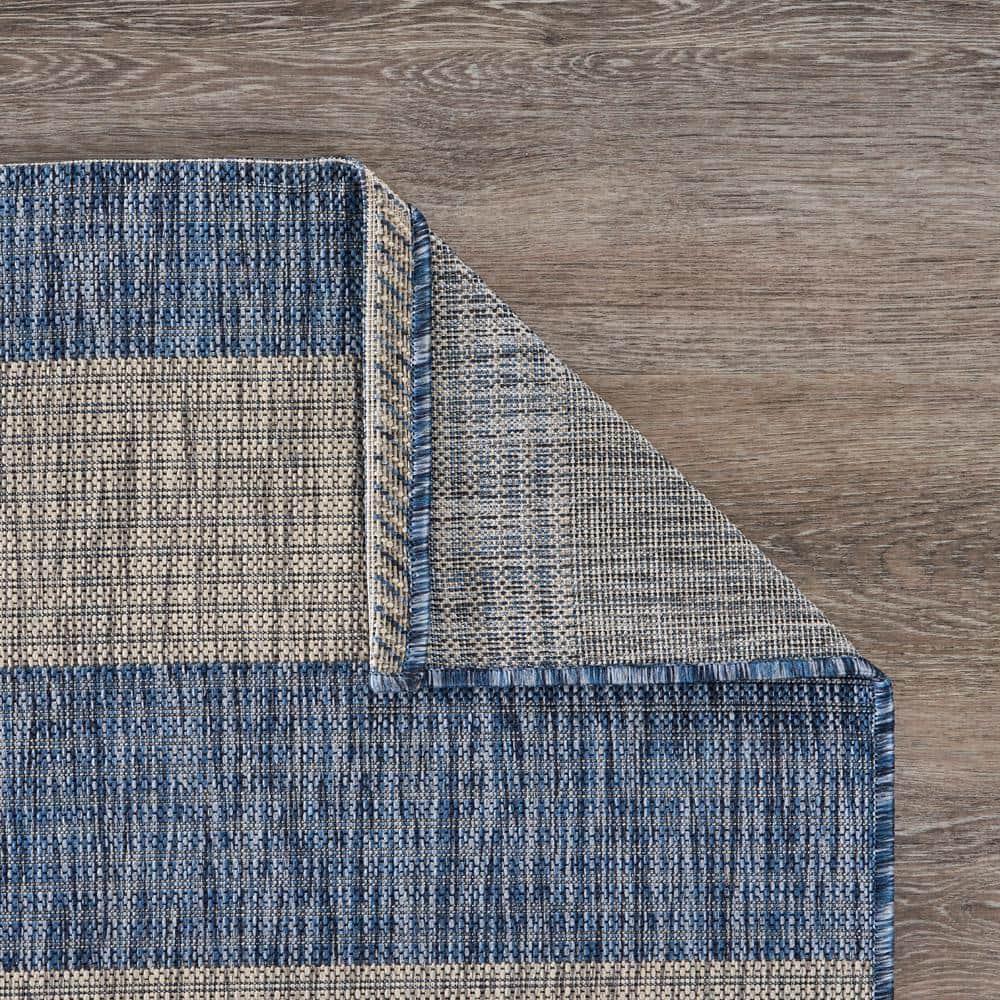 LR Home Camila 7'9" x 9'9", Gray/Blue Stripe Fade, Stain, and Moisture Resistant Indoor/Outdoor Area Rug