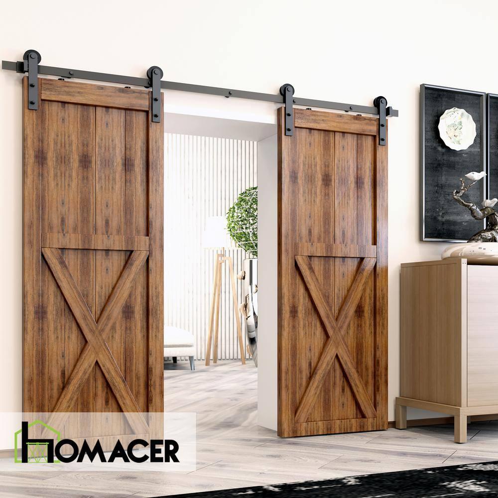 Homacer Black Rustic Sliding Barn Door Hardware Kit, for Two/Double Doors, 4ft Long Flat Track, Straight Design Roller, Heavy Duty, for Interior & Exterior Use