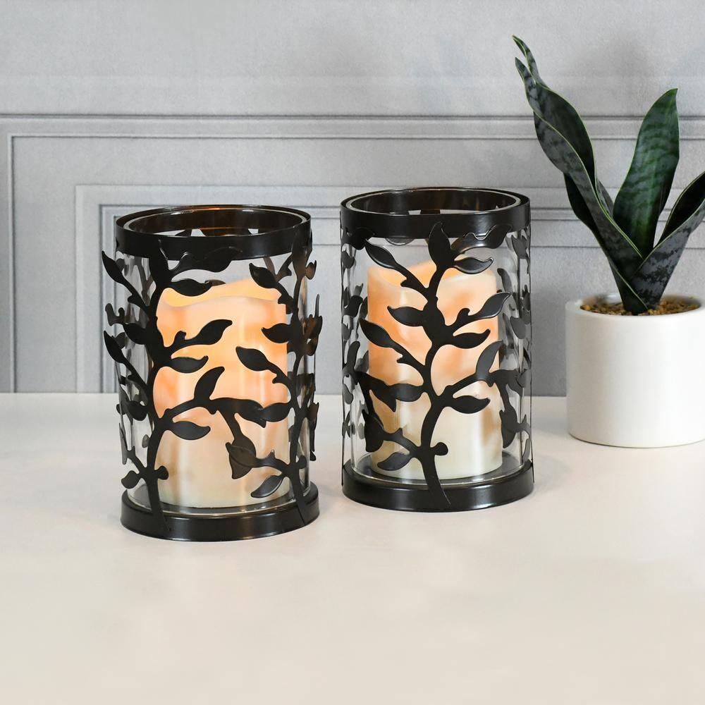The Holiday Aisle® Black Vine Hurricanes with LED Candles (Set of 2)
