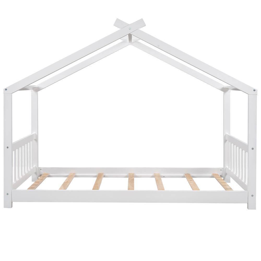 Harper & Bright Designs Twin House Bed for Kids, Floor Frame With Headboard and Footboard, Wooden Montessori Bed for Girls, Boys, White