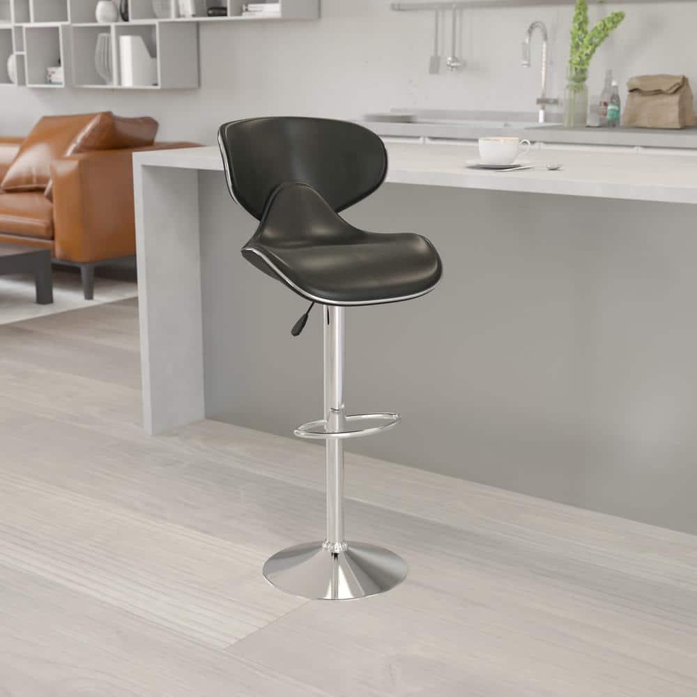 Flash Furniture Contemporary Cozy Mid-Back Black Vinyl Adjustable Height Barstool with Chrome Base
