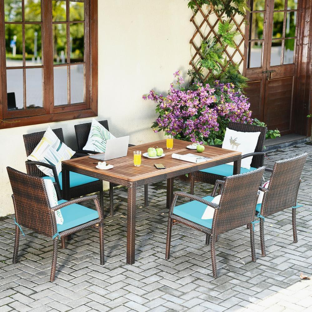 Costway 7PCS Patio Rattan Dining Chair Table Set with Cushion Umbrella Hole Turquoise