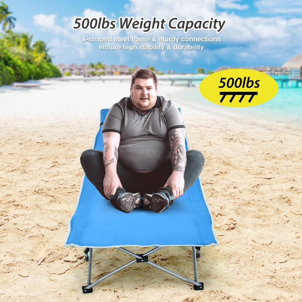 Folding Camping Cot Heavy-Duty Outdoor Cot Bed w/ Side Storage Pocket Blue