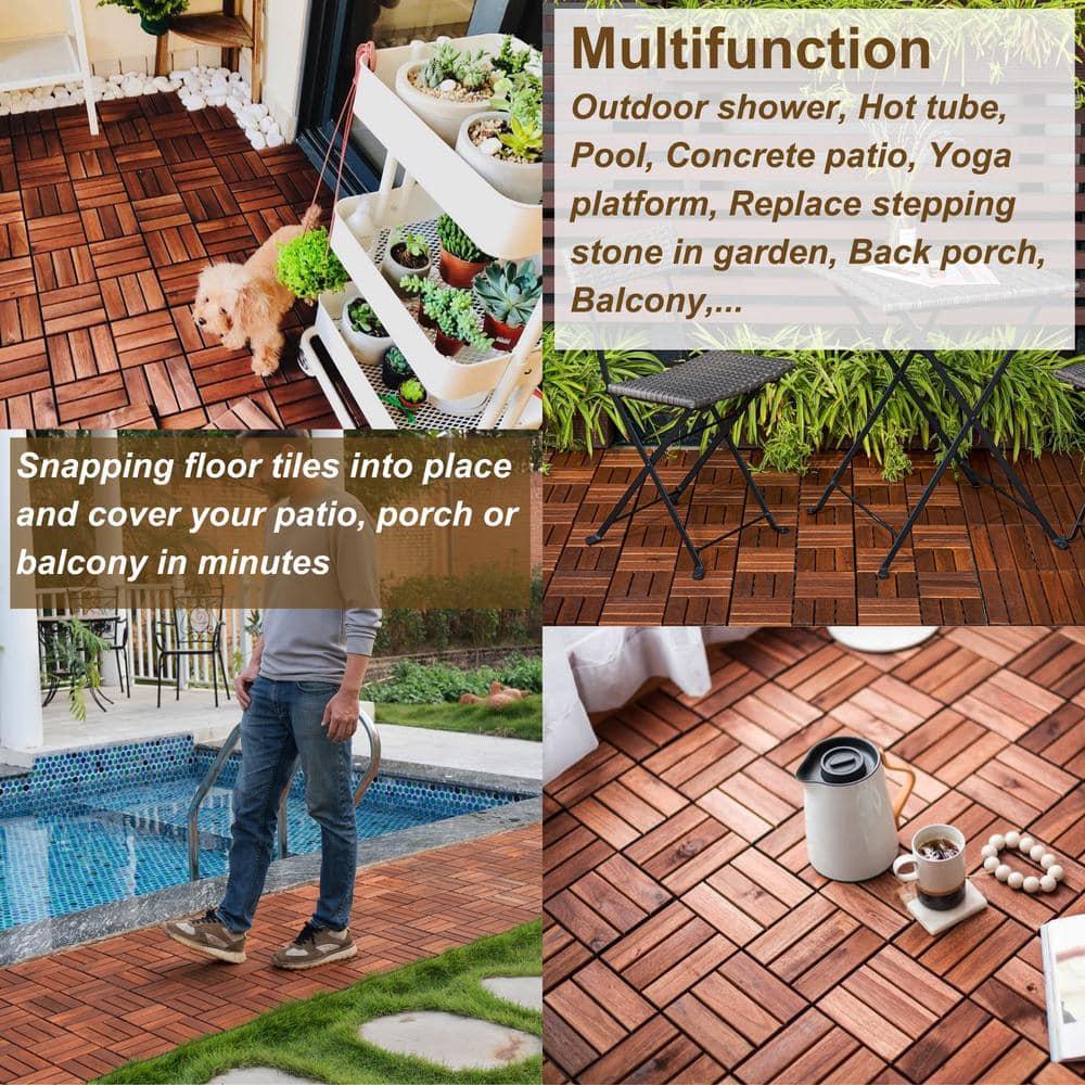 12" x 12" Brown Acacia Wood Interlocking Deck Tiles Set