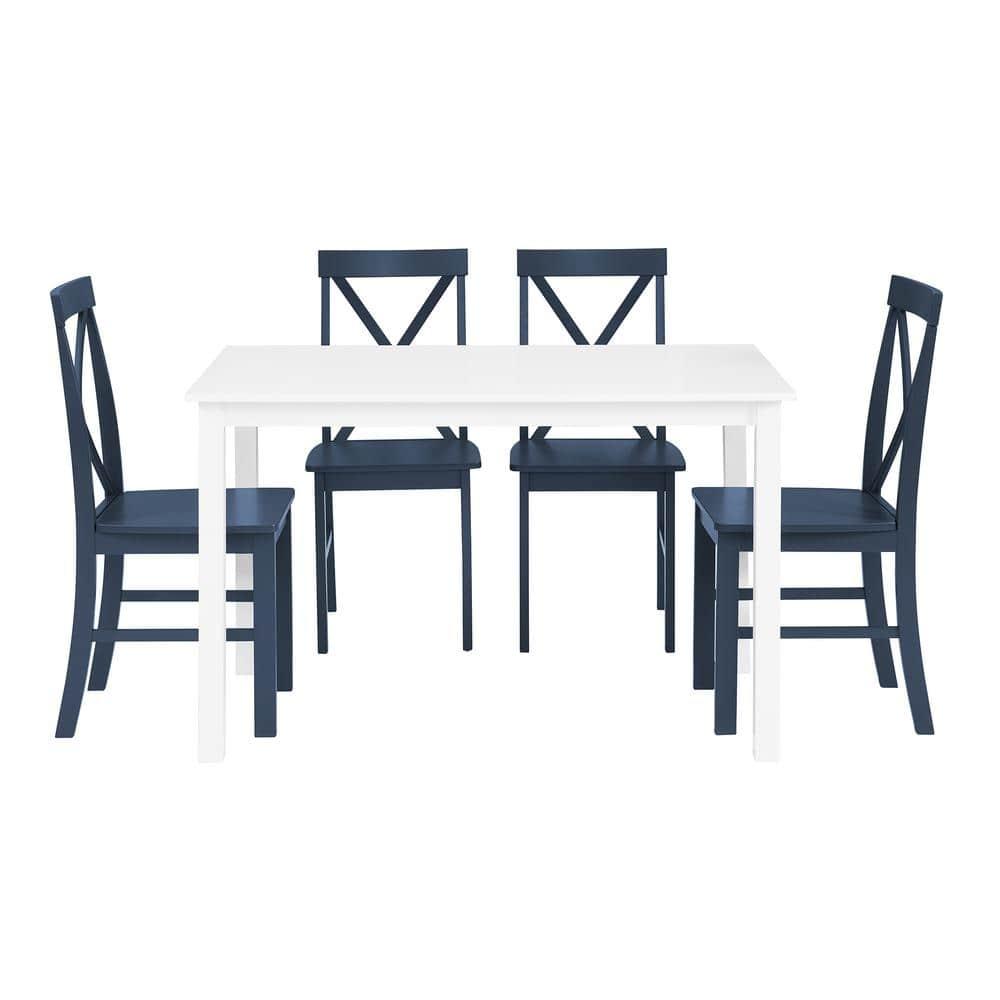 5pc Contemporary Farmhouse Dining Set White/Navy - Saracina Home: Rubberwood & MDF, Non-Extension Rectangle Table