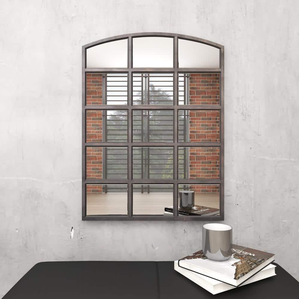 DecMode Geometric Window Pane Arch Wall Mirror, 36" W x 48"H, Dark Brown Finish
