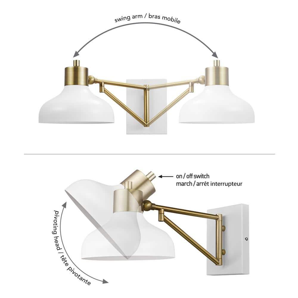 Globe Electric Berkeley 1-Light White and Brass Plug-in or Hardwire Swing Arm Indoor Wall Sconce