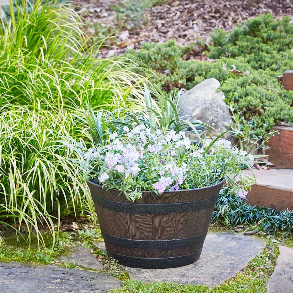 22.5" Brown Resin Whiskey Barrel Outdoor Planter with Wheels