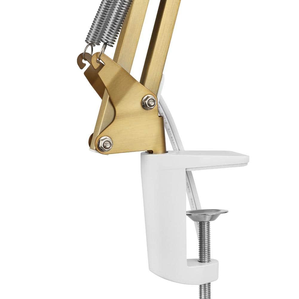 Globe Electric 62000010 32" Multi-Joint Desk Lamp with Metal Clamp, Matte Brass, White Accents, On/Off Rotary Switch on Shade, Partially Adjustable Swing Arm, Home Décor, Office Accessory