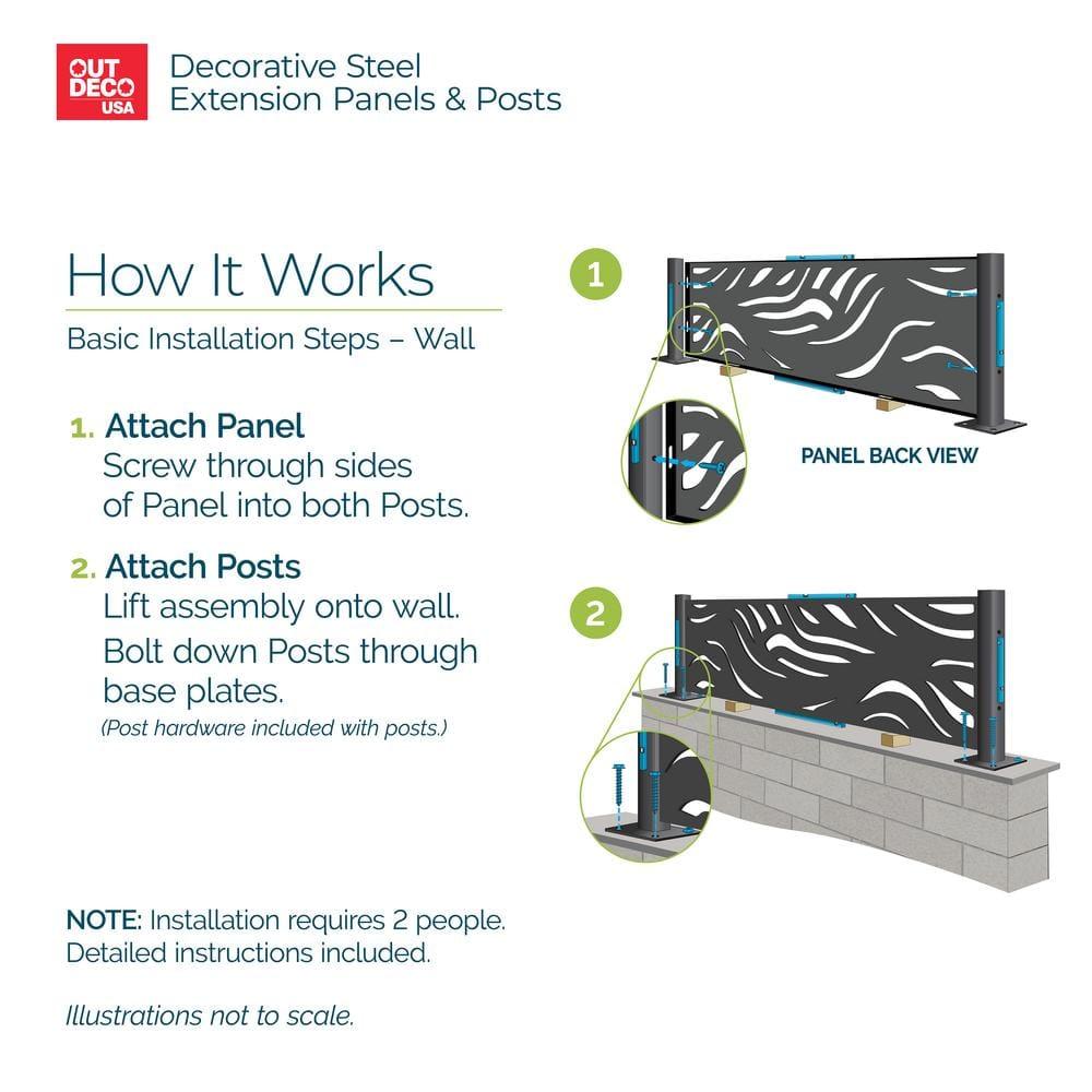 OUTDECO 16"x72" Waves Galvanized Steel Wall and Fence Extension Privacy Panel, Black