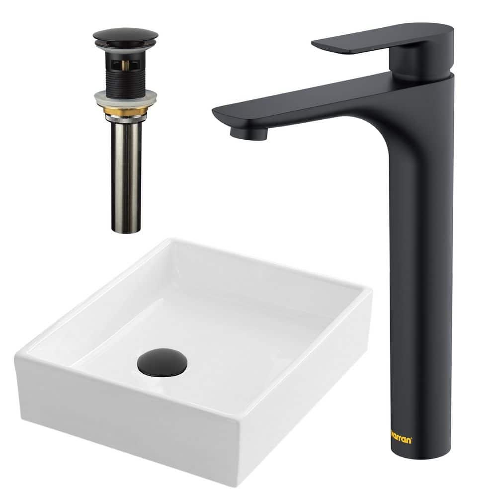 Karran Valera 16'' Vitreous China Vessel Bathroom Sink With Faucet and Drain in Matte Black