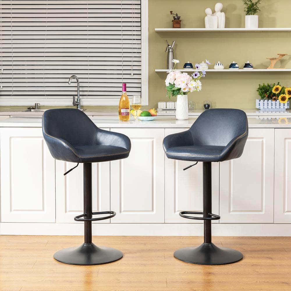 Glitzhome  42"H Mid-Century Adjustable Faux Leather Swivel Bar Stools Low Back Navy Blue Set of 2 Foam, Steel Faux Leather, Foam Footrest, Padded
