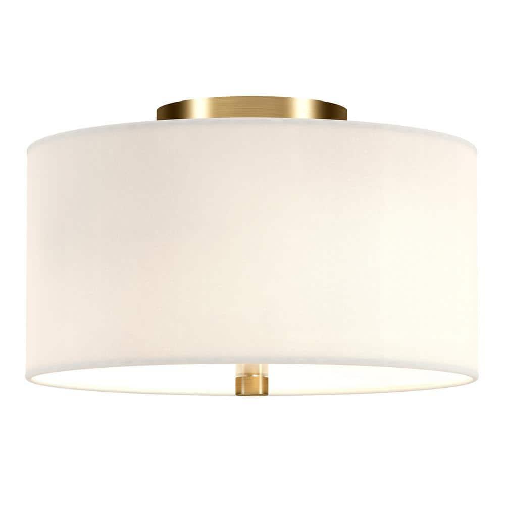 Evelyn&Zoe Ellis 12" Flush Mount with Fabric Shade in Brass/White
