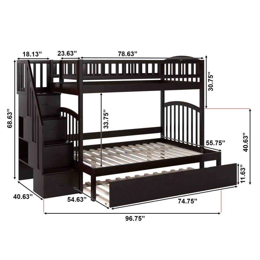 Westbrook Staircase Bunk Twin over Full with Full Size Urban Trundle Bed in Espresso