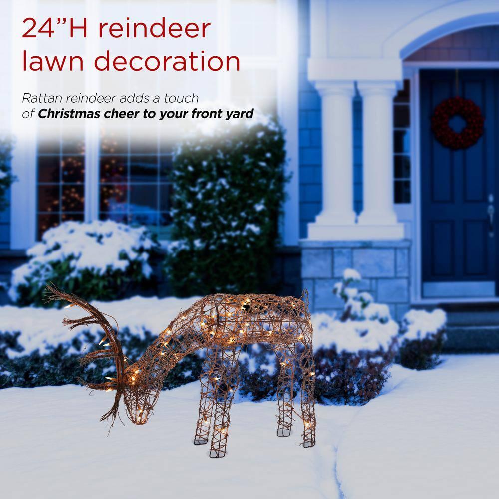 Alpine Corporation 29" x 7" x 24" Light up Iron Rattan Grazing Reindeer Statue, Brown