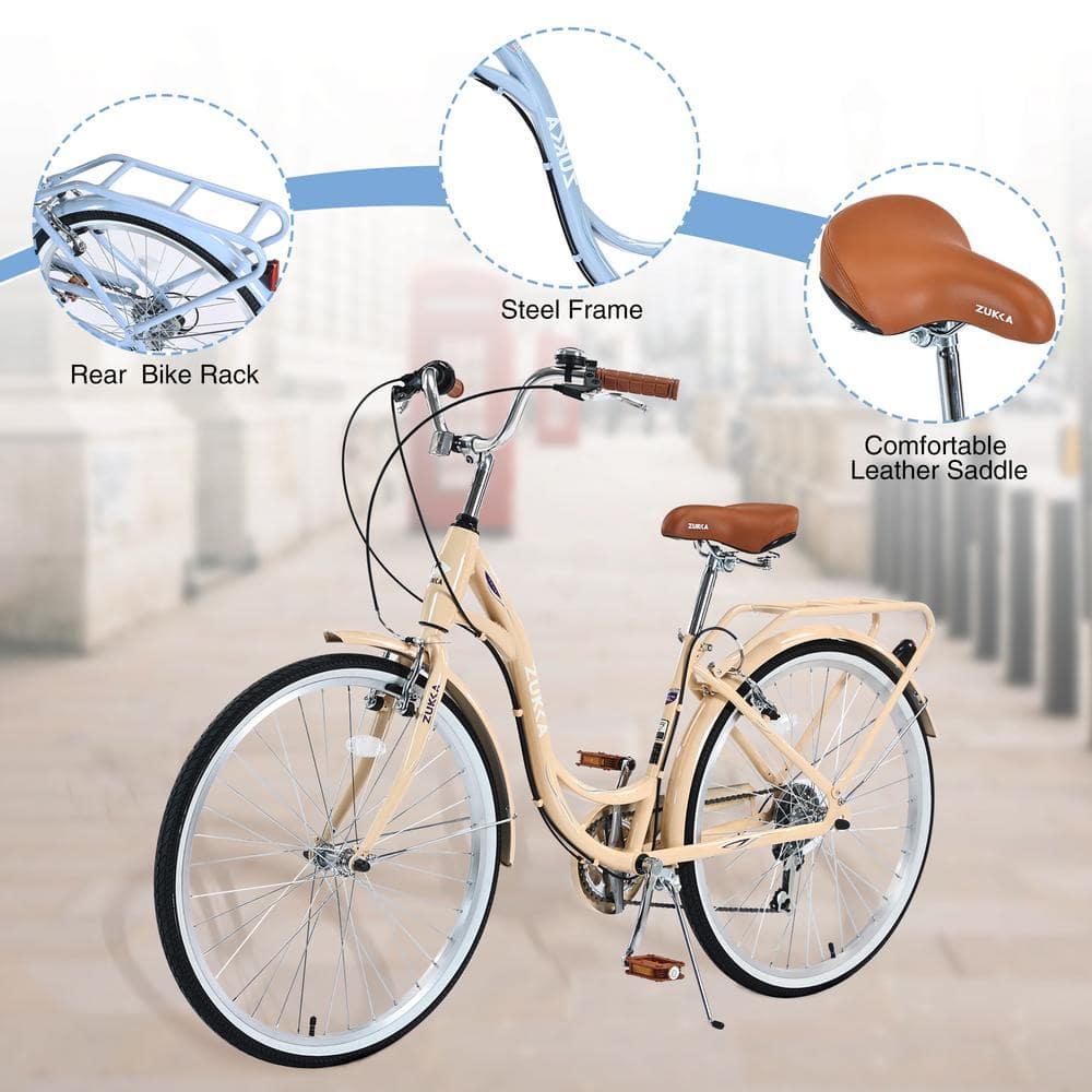 26" Womens Bike 7 Speeds Steel Frame Beach Cruiser Bike Comfort Ladies City Bike, Beige