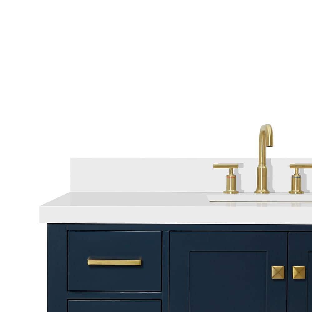 ARIEL 49" Bathroom Vanity with 1.5" Edge Pure White Quartz Countertop & Backsplash, Center Rectangular Sink, 2 Soft Closing Doors, 9 Full Extension Dovetail Drawers, Brushed Nickel - Midnight Blue